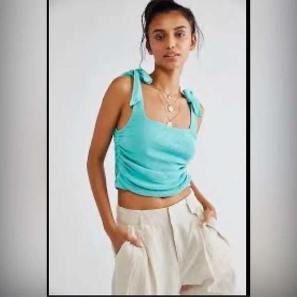 Free People Crop Top Womens Small Mint Green Tie Shoulder Ruched Ribbed Boho